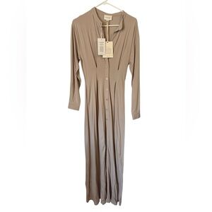 Chic Long Sleeve Tan Maxi Dress Veiled Modest Button Down Size XS